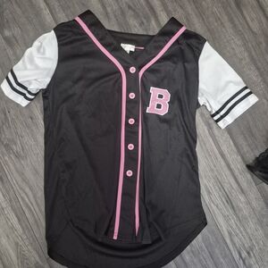 J For Justify Black & Pink Girls' Baseball-Style Jersey Top - Size M